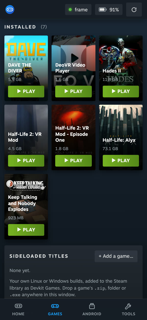 Frame Control on iPhone: the Games tab.