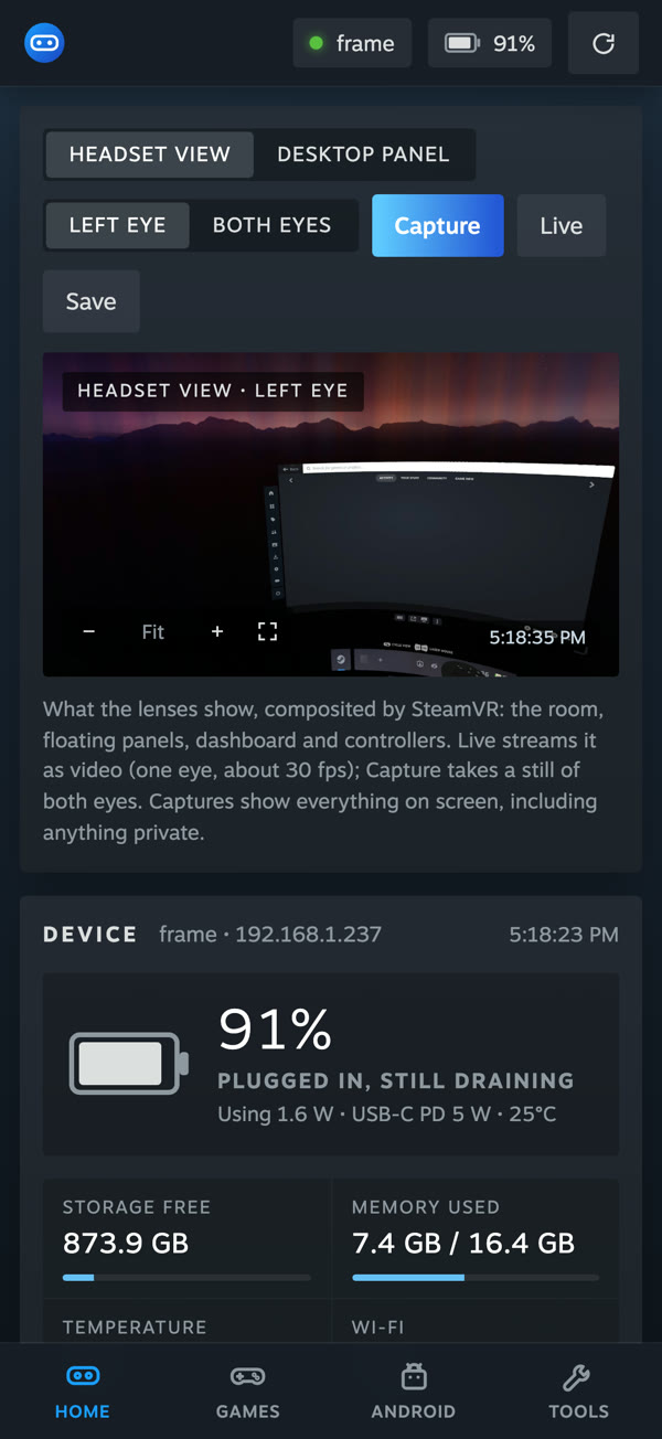 Frame Control on iPhone: headset view and device status.