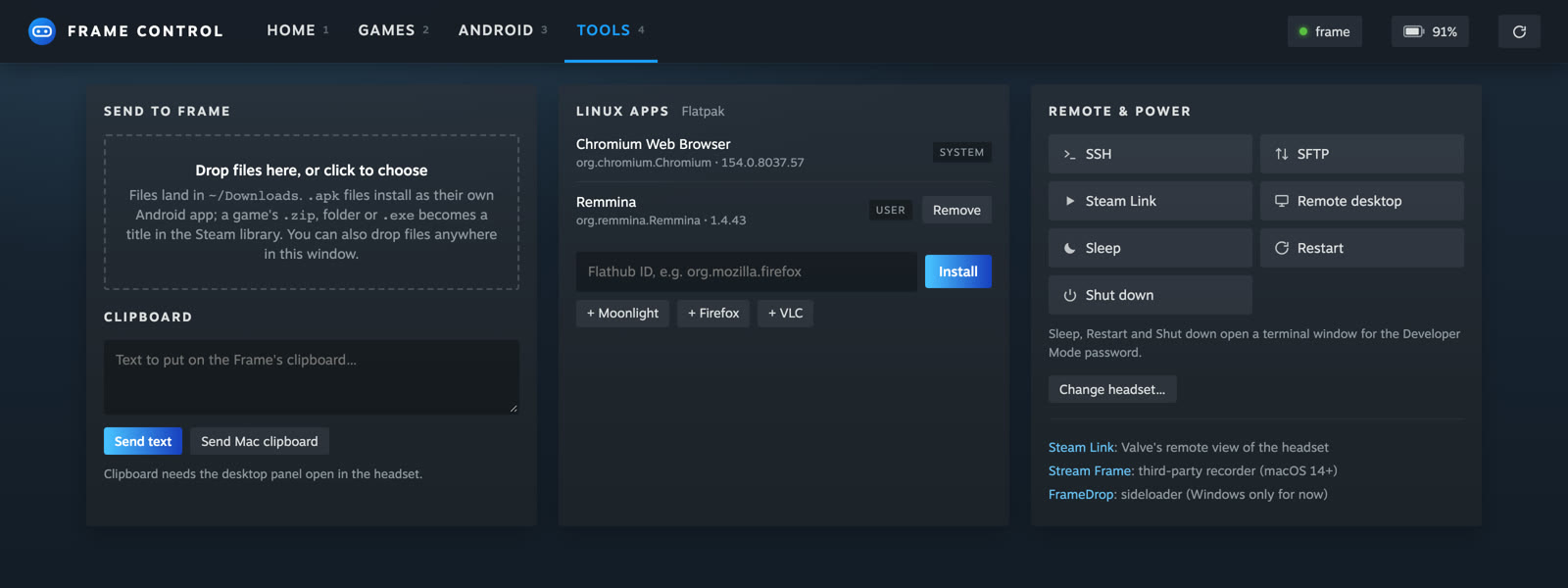 The Tools tab: SSH, SFTP, Steam Link, remote desktop and power controls.